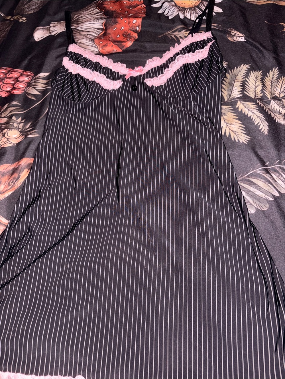 Dreamgirl Black Pinstripe Chemise with Pink Lace Trim